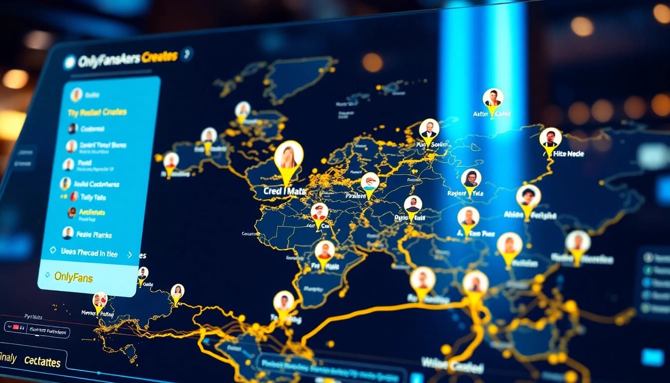 OnlyFans Nearby Creators interactive map interface showcasing local profiles and categories.