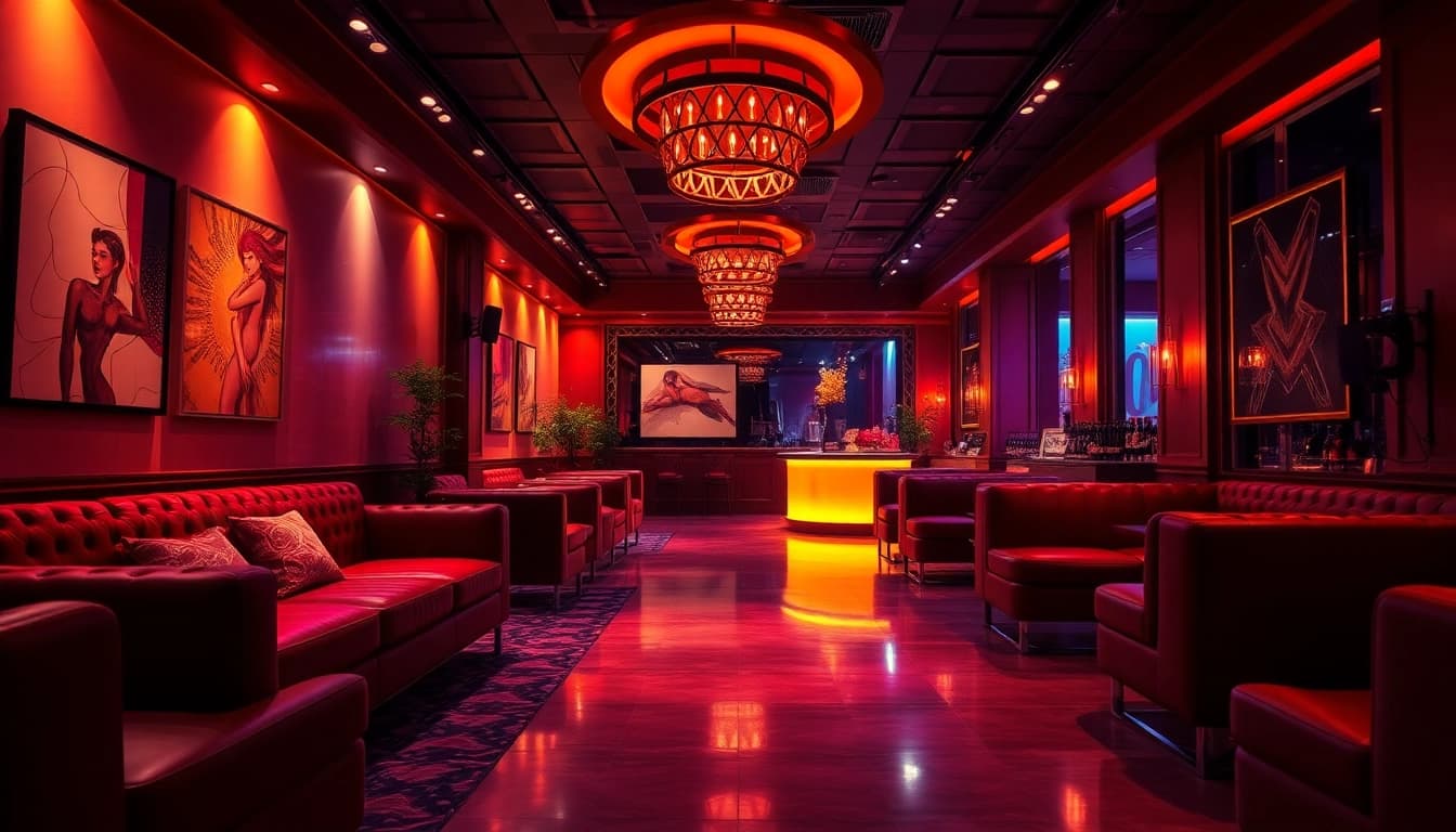 NSFW themed digital art of a modern lounge, featuring plush seating and ambient lighting.