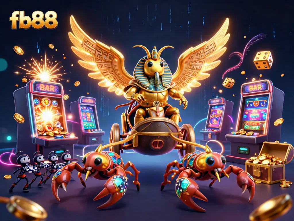 Experience the excitement of fb88 with a dynamic casino scene featuring golden slot machines and a chariot pulled by scorpions.