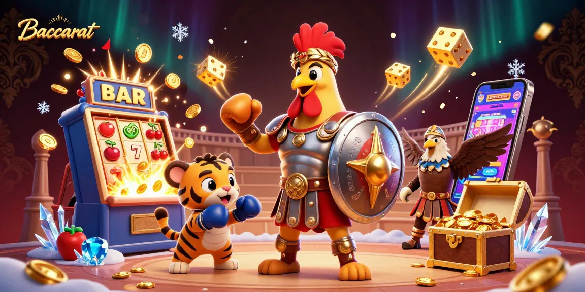 Baccarat enthusiasts enjoy a thrilling game with a gladiator rooster and tiger cub in a vibrant casino scene.