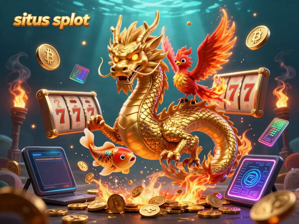 Experience excitement with situs slot as a fierce dragon, phoenix, and koi fish animate a vibrant casino scene.