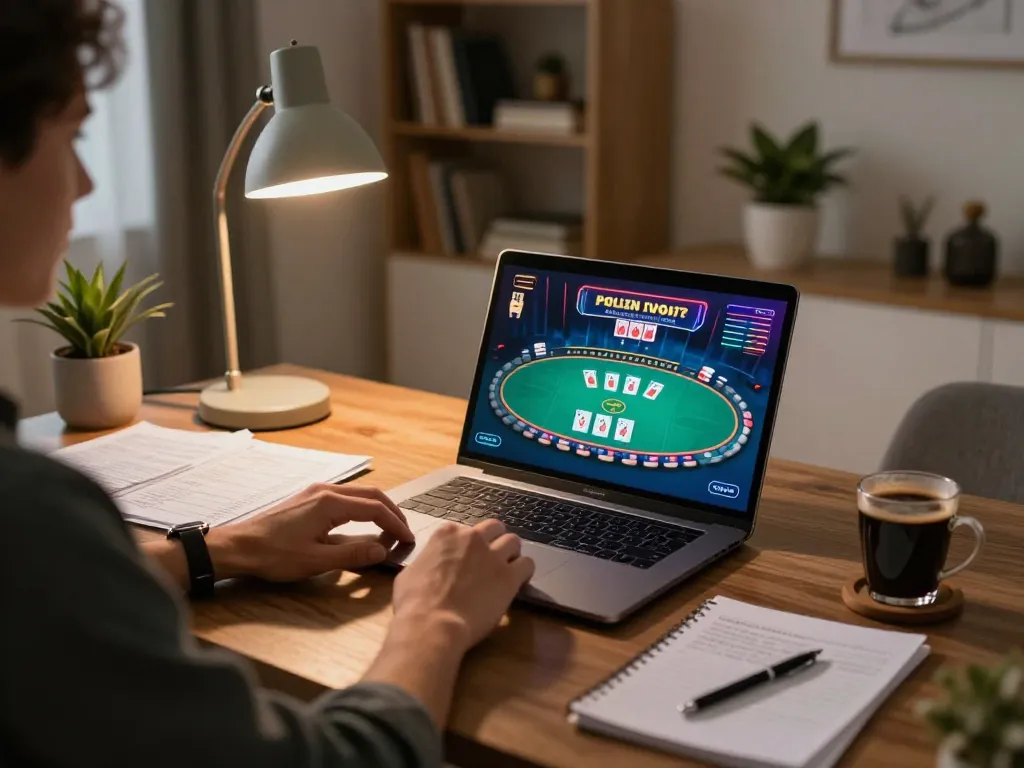 Player enjoying an online game at home using God55, with strategy notes and warm lighting for a cozy atmosphere.