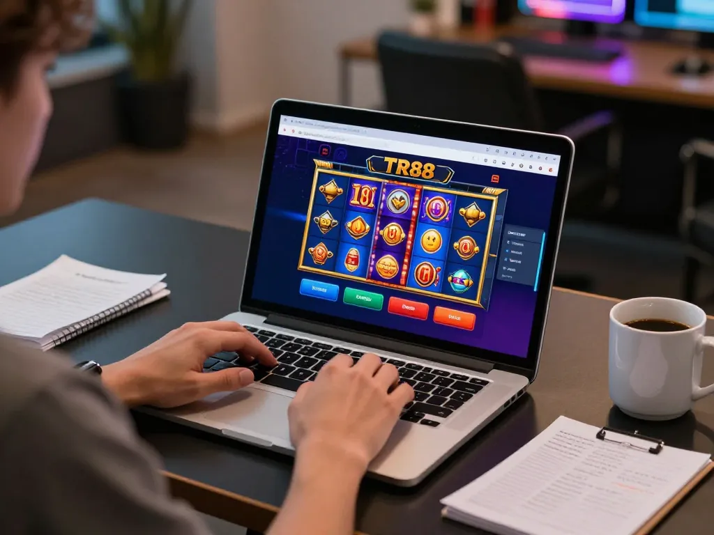 Player engaging with TR88 online casino on a laptop, showcasing a vibrant gaming atmosphere.