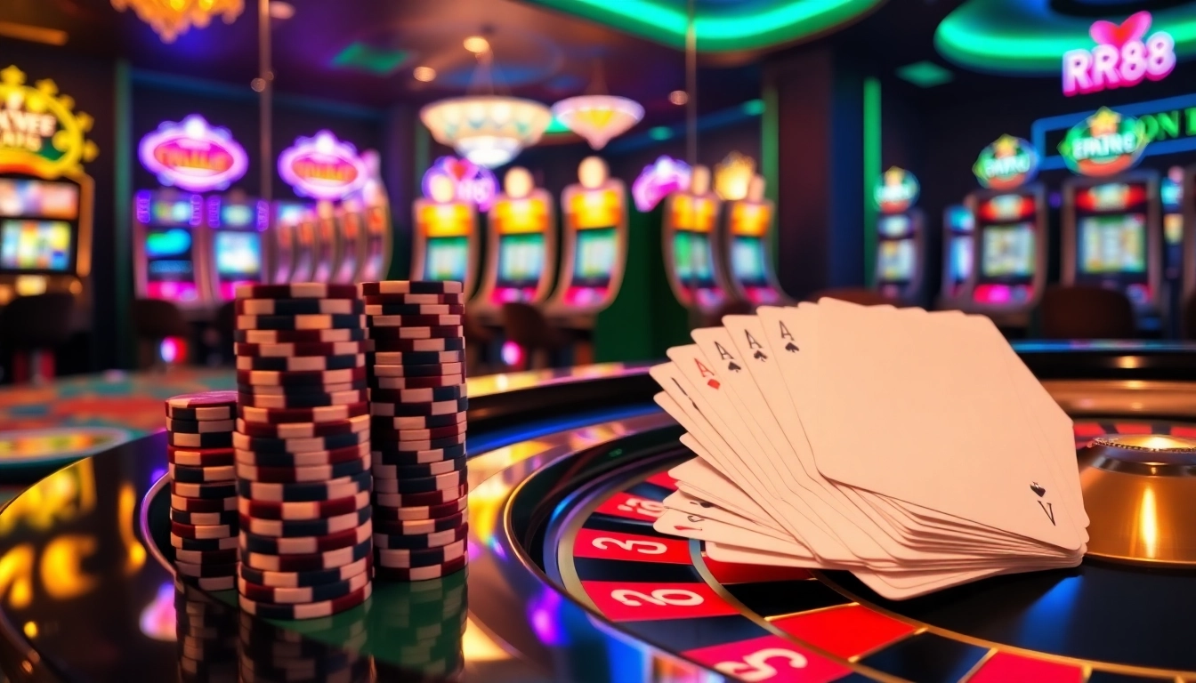 Experience the thrill of RR88 with vibrant poker chips and a roulette table in a luxurious casino setting.
