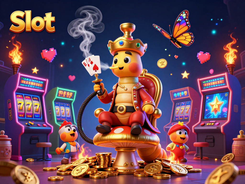 Spin the reels in this vibrant slot-themed 3D illustration featuring a whimsical caterpillar hookah-master.