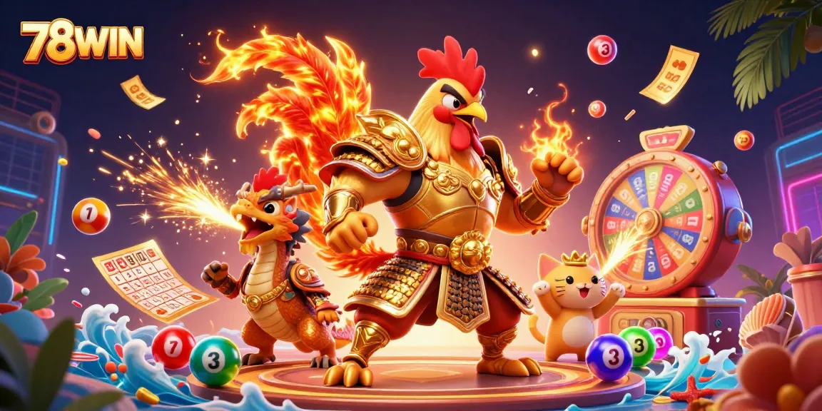 Experience thrilling action at 78WIN with vibrant lottery and gaming elements in this dynamic illustration.