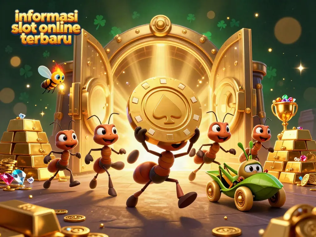 Ilustrasi 3D tim semut membawa chip poker besar dalam pencurian di dunia slot, informasi slot online terbaru.