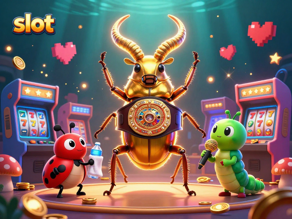 Engage with colorful slot-themed characters in a vibrant 3D casino illustration featuring a giant stag beetle.