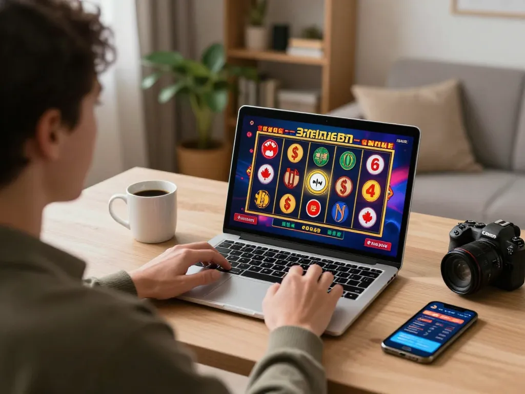 Engaging gaming session at Canadian online casinos with vibrant slot game on laptop