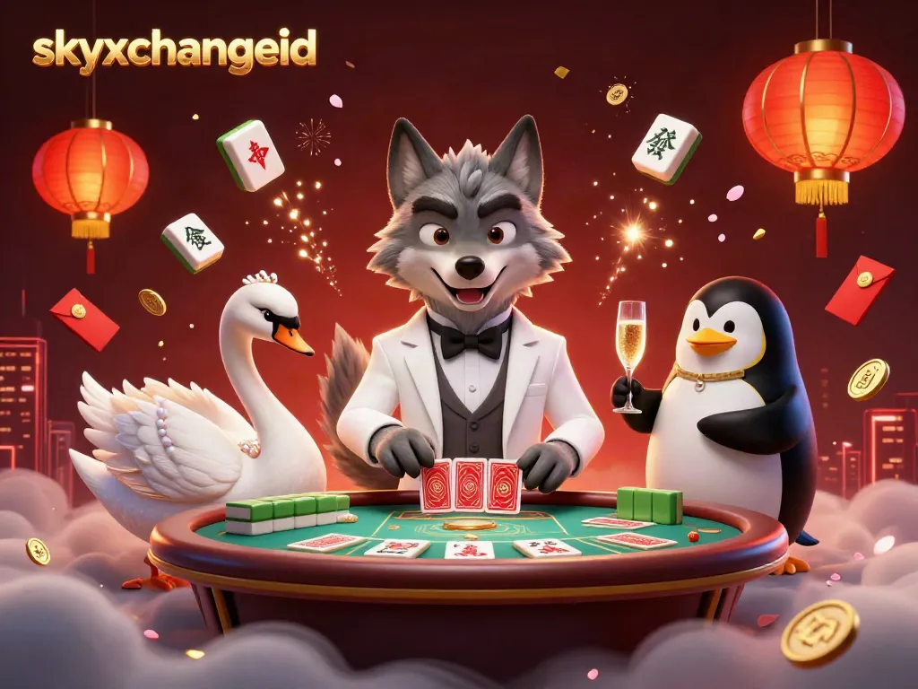 Engage in thrilling baccarat with a skyxchangeid as a stylish wolf, elegant swan, and sophisticated penguin present a premium casino experience.