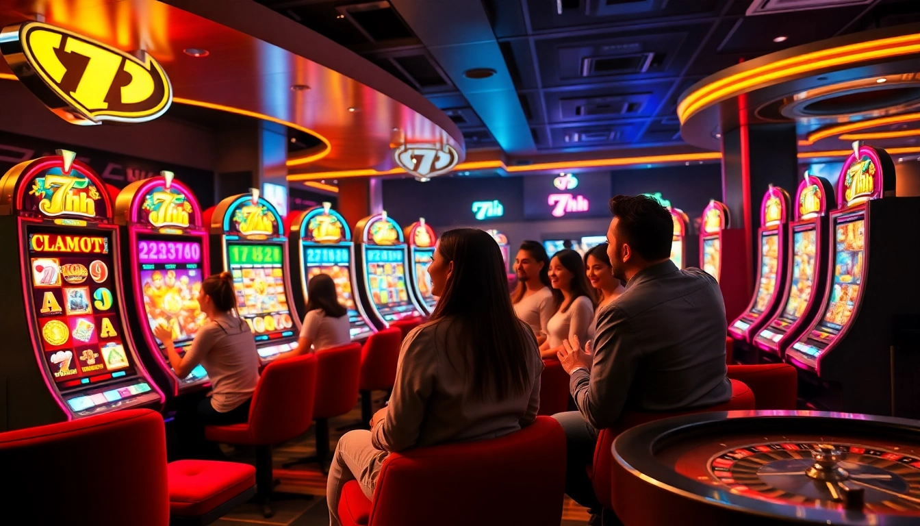 Experience the thrill of 7hh casino with vibrant slot machines and excited players enjoying their wins.