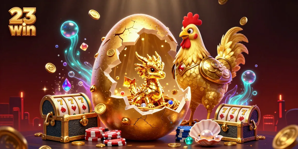 Engage with 23 win's thrilling slots and poker excitement in a vibrant 3D scene filled with gold.