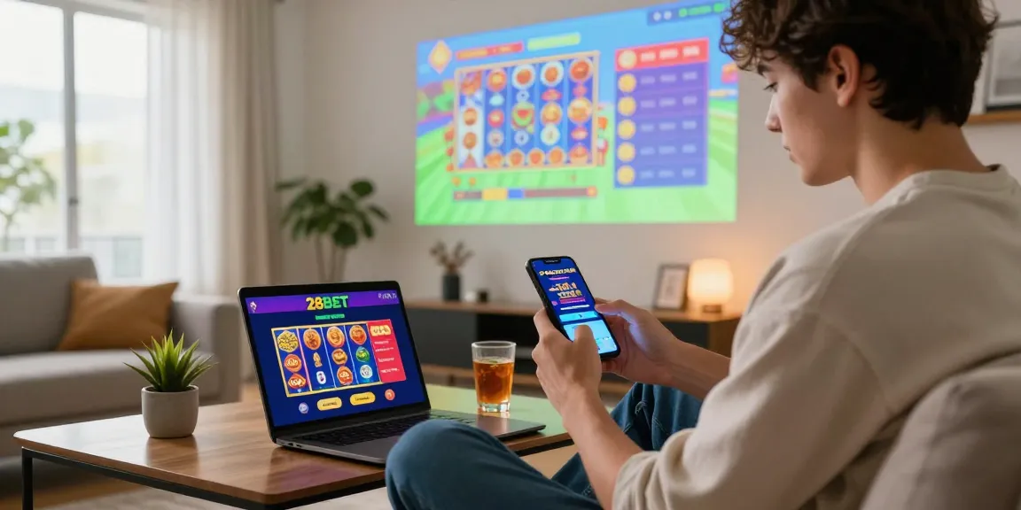 Engaging user interacting with 28BET on smartphone in a lively space, showcasing vibrant online betting experience, 2026.