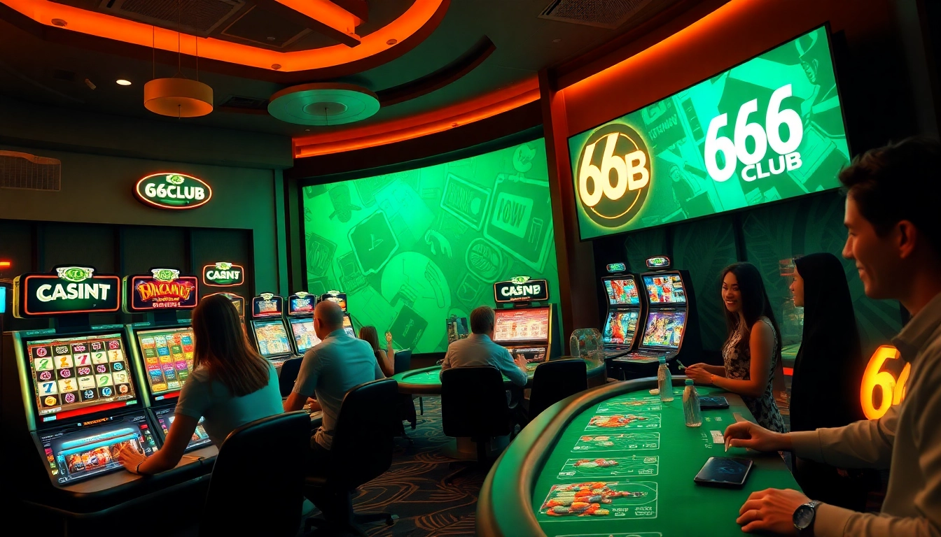 The online gaming experience at https://66club.us.com/ showcases vibrant gameplay and happy players in a modern casino setting.