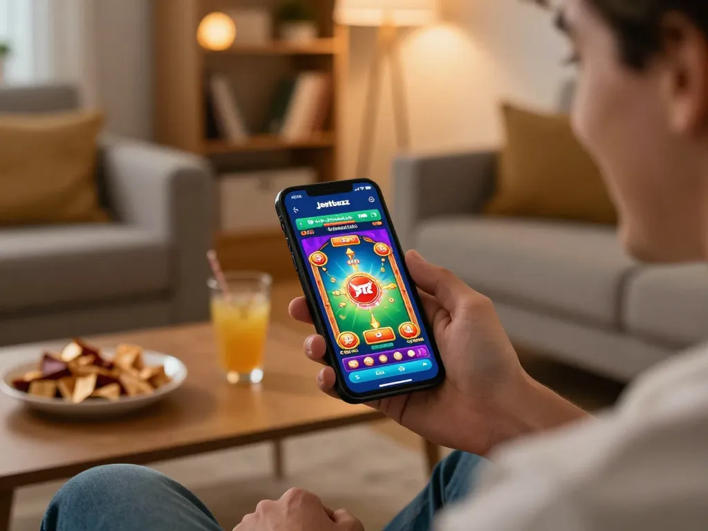 Engaging gaming moment using the Jeetbuzz Download App on a smartphone in a cozy home.