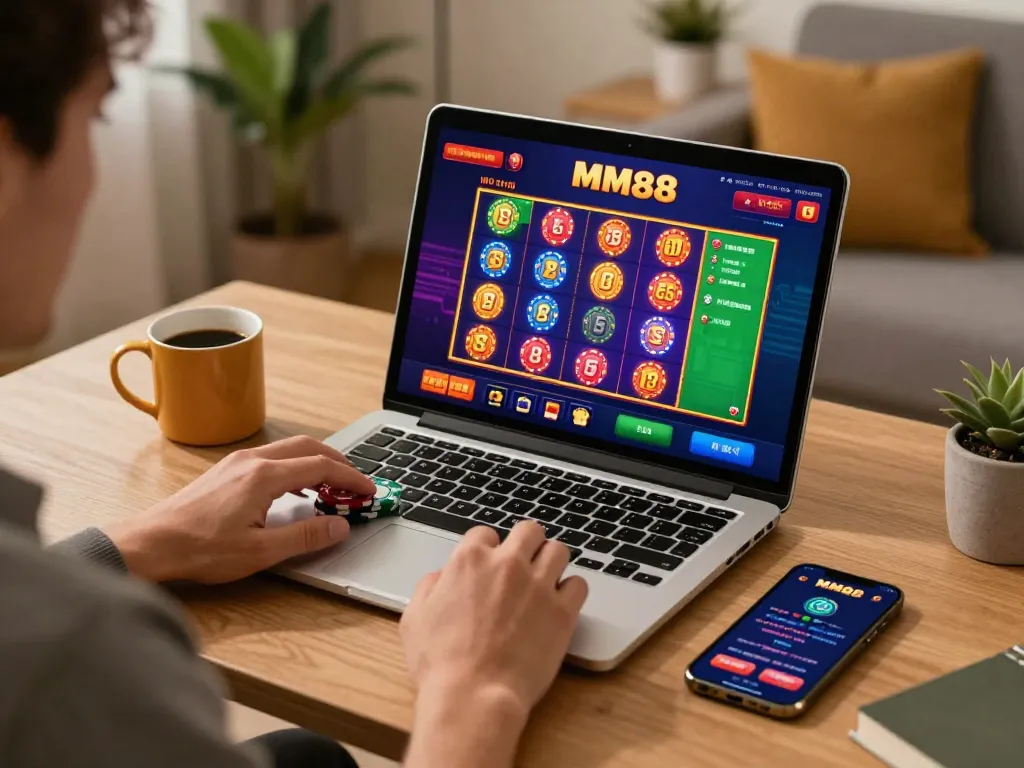 Engaging online gaming experience at MM88 with colorful slots and cozy setup