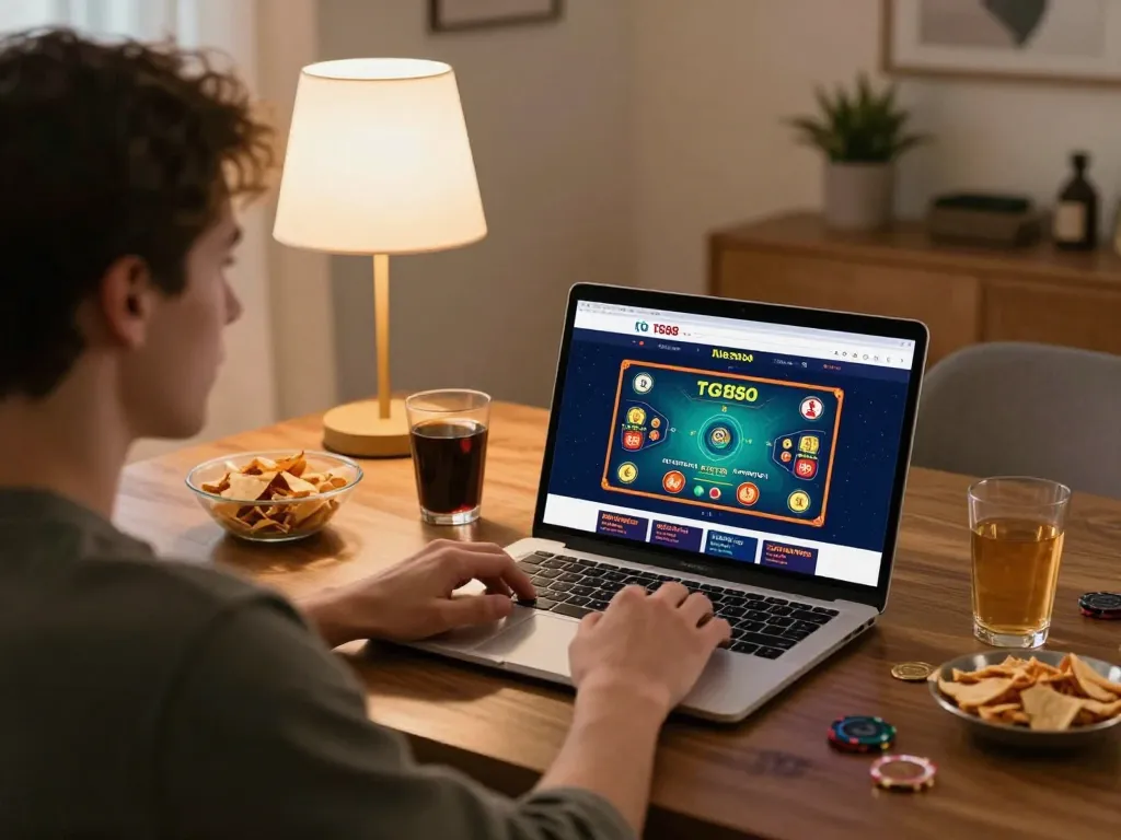 Engaged player exploring tg88 online casino app for live dealer games in a cozy home setting.