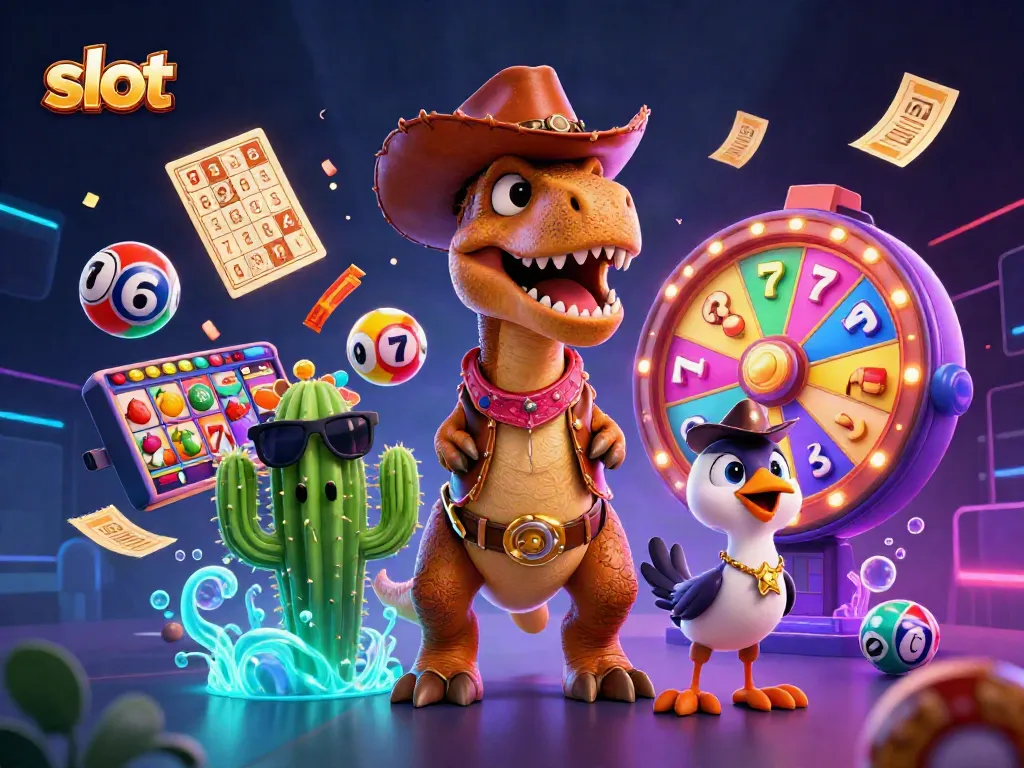 Mesin slot berpadu dengan karakter dinosaur cowboy dalam ilustrasi 3D yang menarik.