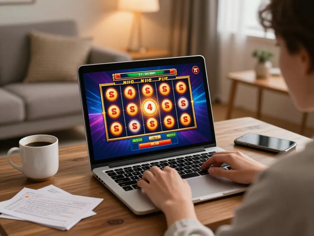 Enjoying slot gacor hari ini while playing an exciting online game at home, with vibrant graphics on screen.