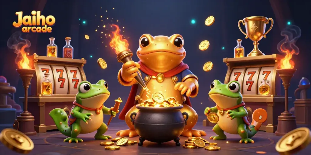 Spin the reels at Jaiho arcade with a whimsical alchemist and assistants brewing gold in a fantastical setting.