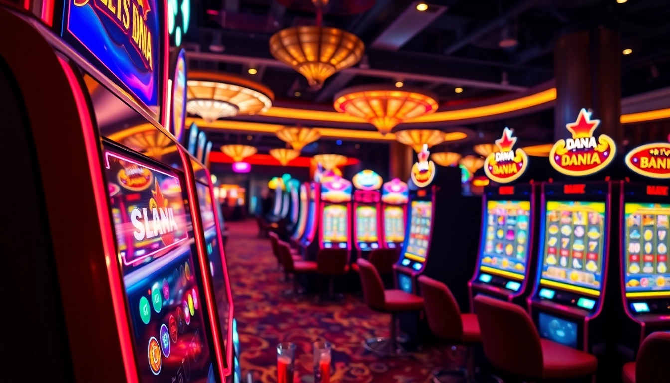 Putar Slot Dana di mesin slot mewah dengan cahaya berkilauan dan suasana energik.