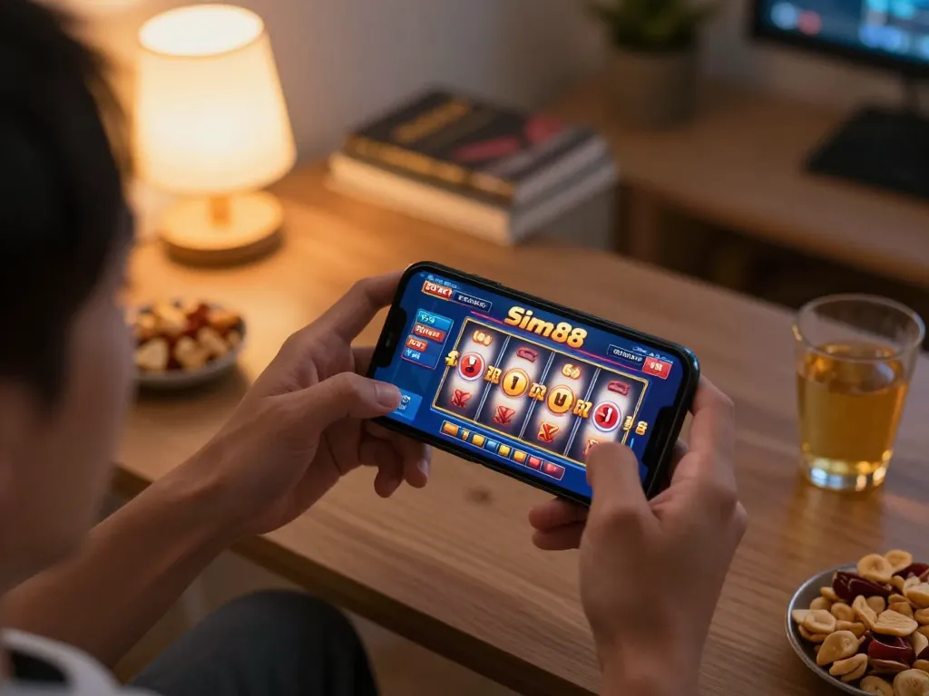 Player enjoying slot88 online games on smartphone, vibrant home gaming atmosphere.