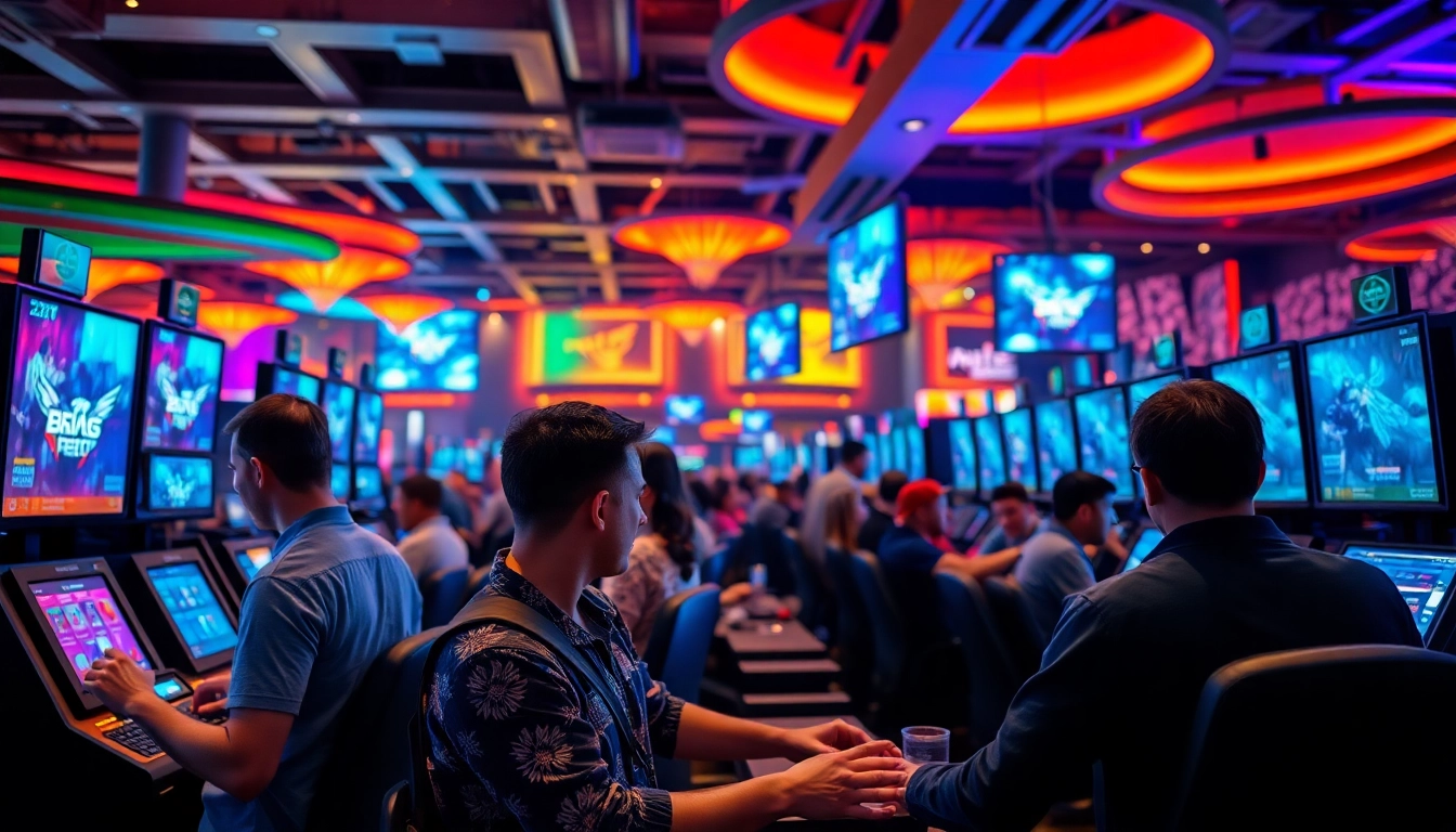 Engaging esports betting Malaysia action in a lively casino atmosphere with bettors focused on screens.