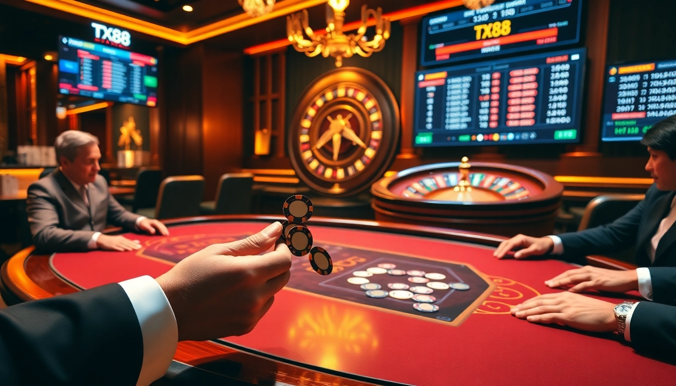 Engaging gambling scene at https://tx88.link/ showcasing poker and roulette with vibrant atmosphere.