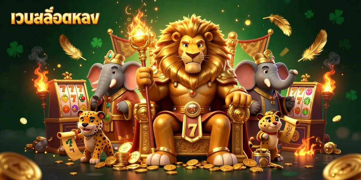 Join the excitement of เว็บสล็อตตรง with our lion king and his allies surrounded by gaming elements.