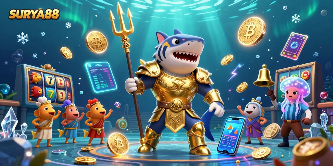SURYA88 immerses you in a thrilling underwater colosseum where a tiger shark wields a trident in an epic casino scene.