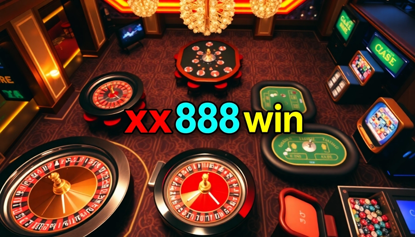 Winning at xx88 win - Exciting casino games with poker chips and roulette wheels.