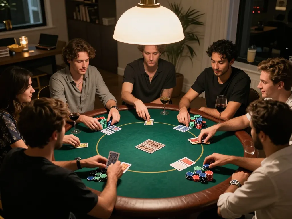 Engaged players at a poker night using https://goal123.ac/ for their gaming strategies around a vibrant table with chips and cards.