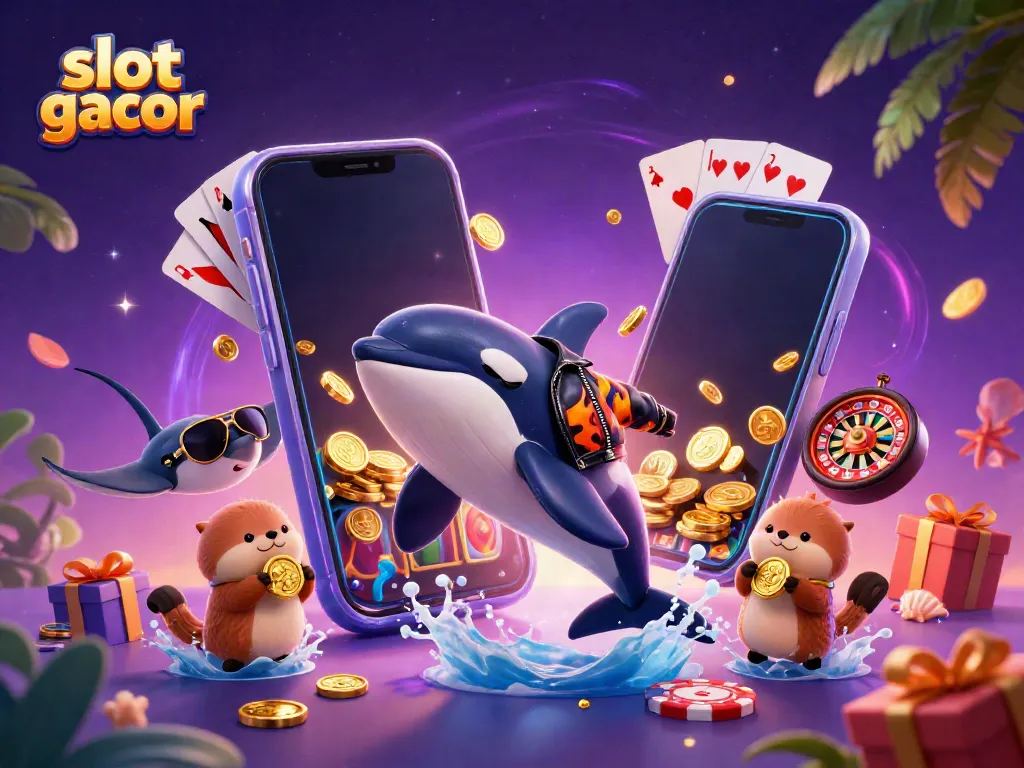 Slot gacor menghadirkan ilustrasi 3D orca dan ikan pari dengan koin emas, menggambarkan keseruan di kasino.