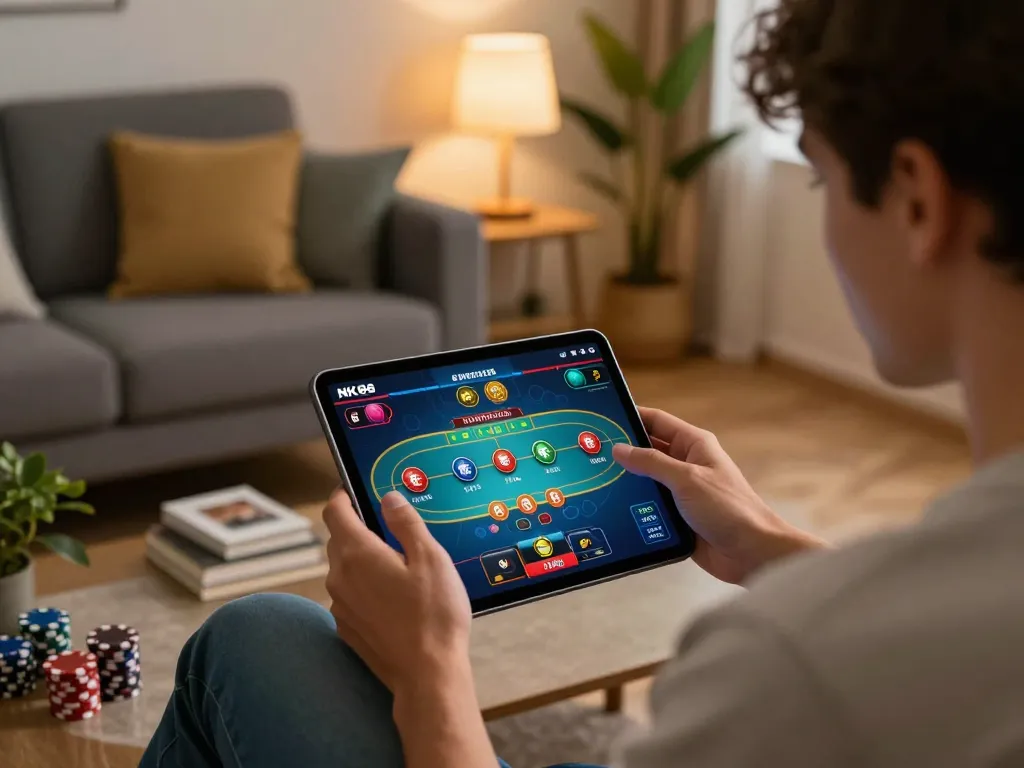 Player enjoying NK88 online games on tablet in a cozy living room setting.