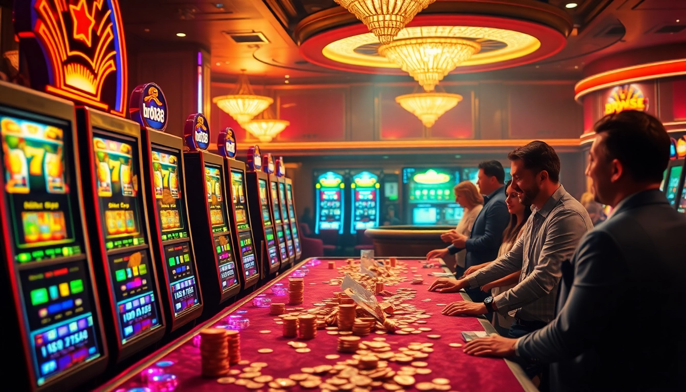 Players enjoying dynamic slot games at Bro138 casino with vibrant atmosphere and luxury decor.