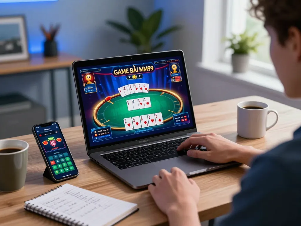 Engaging in GAME BÀI MM99 during an online gaming session at home with a laptop and smartphone.