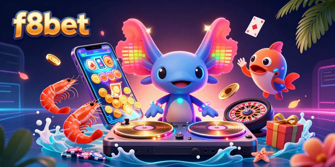 Experience thrilling gameplay with f8bet in this vibrant 3D digital illustration showcasing a playful casino scene.