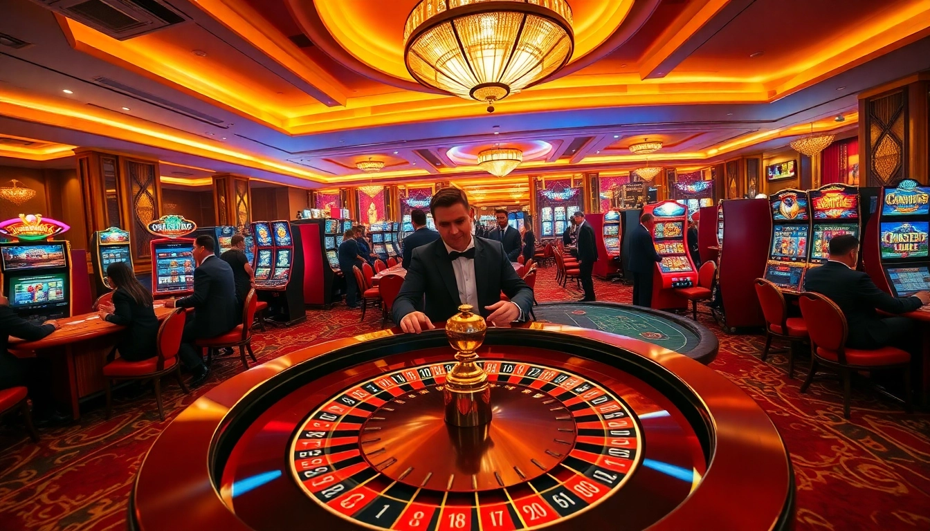 MM88 players enjoying a dynamic casino atmosphere with roulette and poker tables in view.