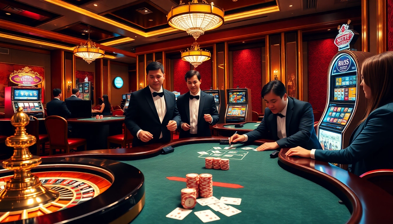 Experience the thrill of MK8's online casino with players at a vibrant poker table and glowing slot machines.