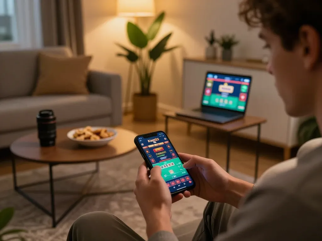 Player using King33 app for mobile gambling in cozy home setting, showcasing live dealer excitement.
