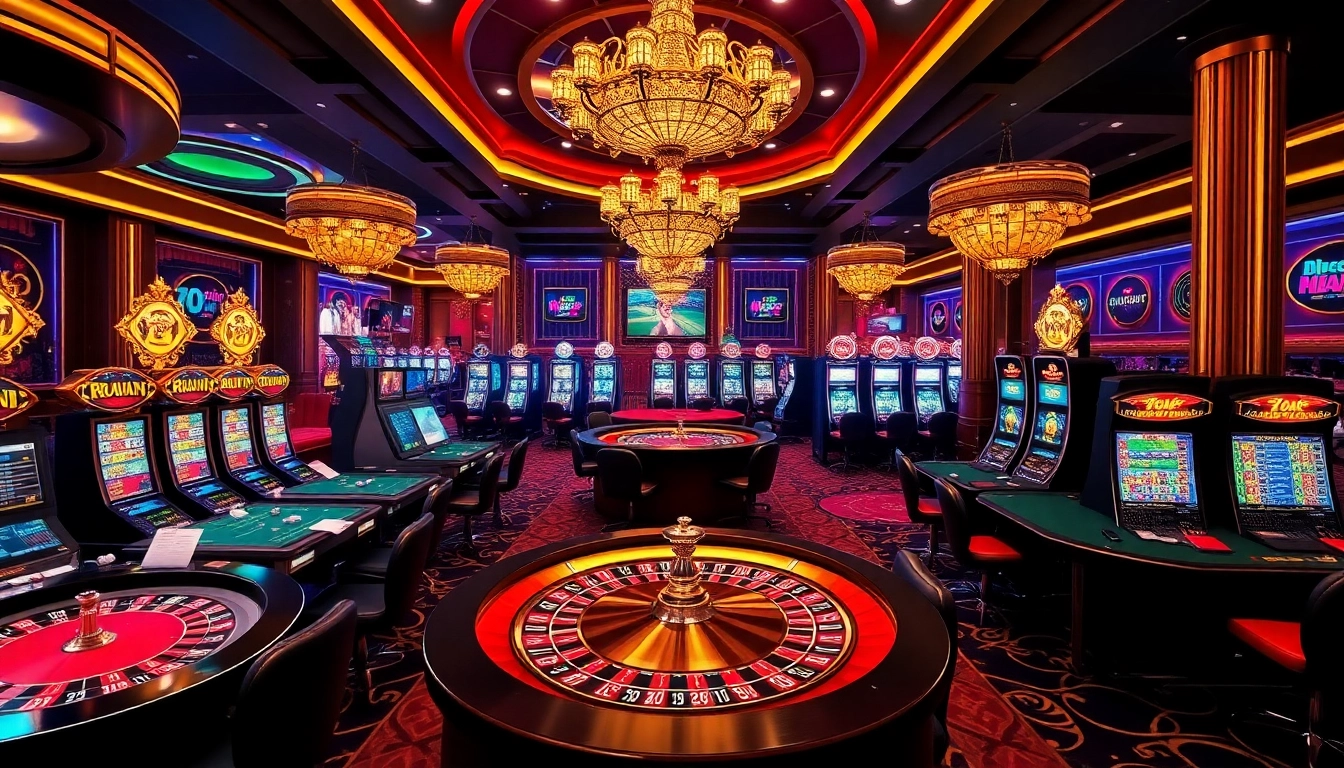 Gamblers enjoying the vibrant atmosphere at https://789wins1.net/ casino with roulette and poker tables.