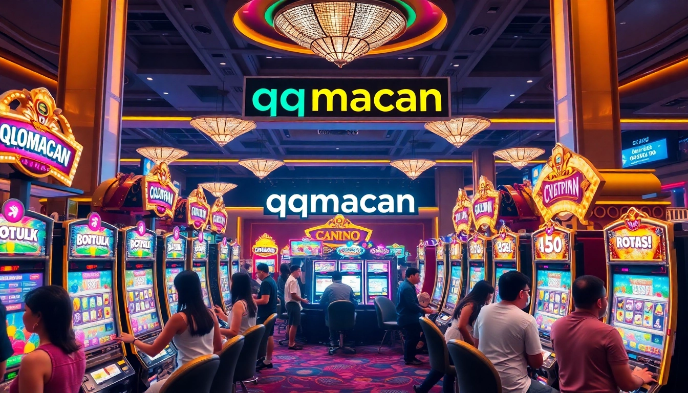 Play exciting slots at qqmacan, featuring vibrant machines and thrilled players in a luxurious casino.
