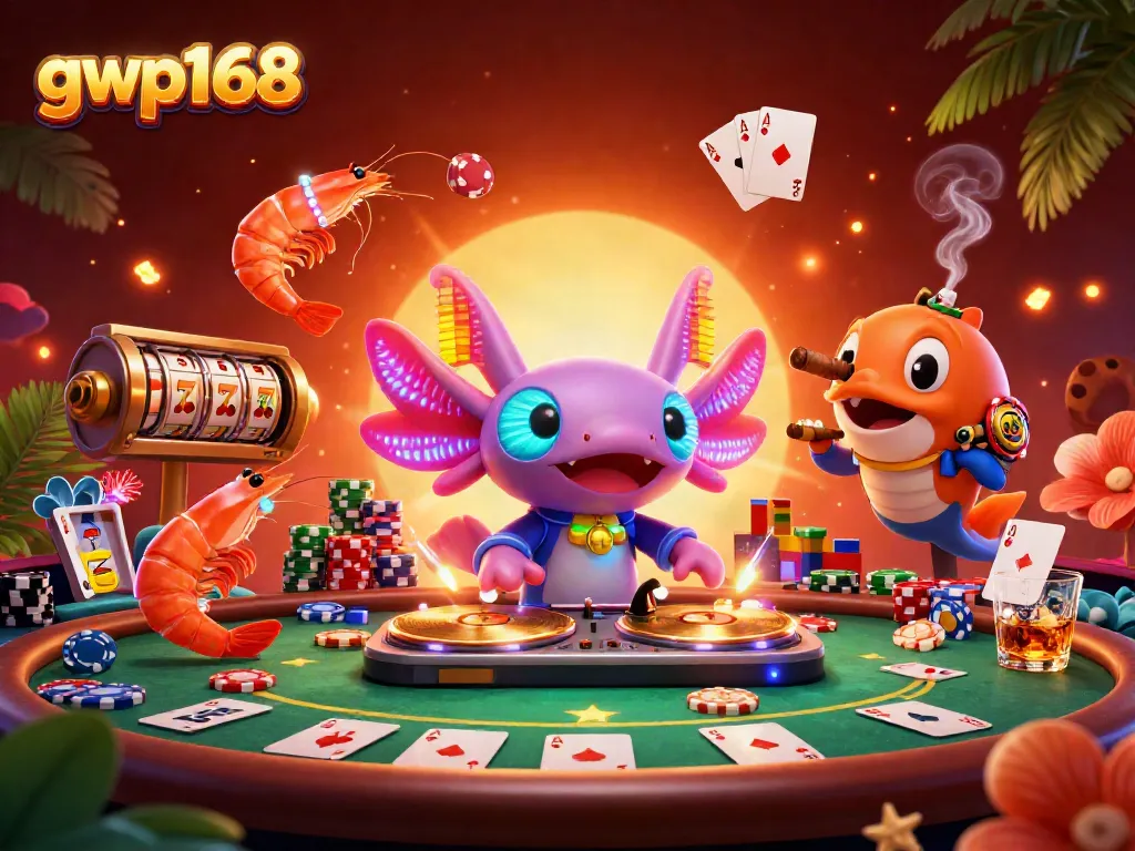 Permainan di GWP168 dengan DJ axolotl neon dan simbol jackpot yang mengesankan.