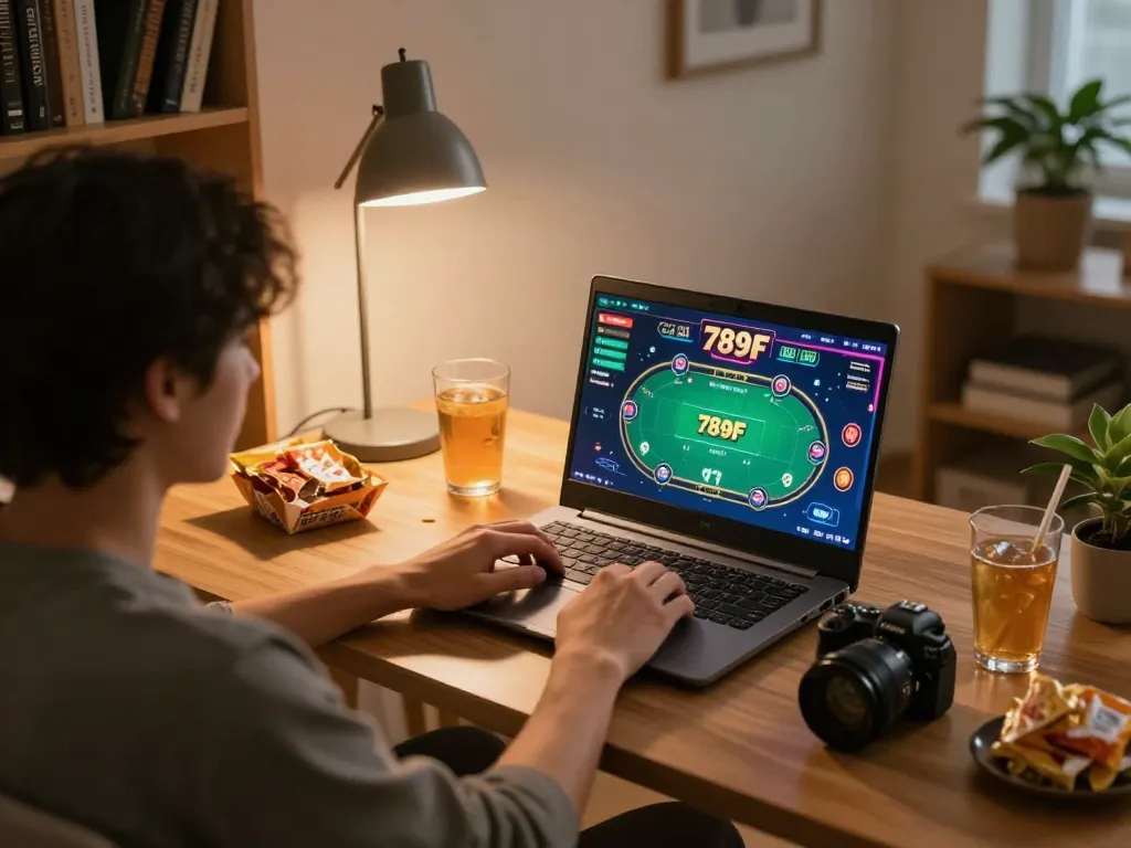 Engaged player placing bets on 789F platform during a lively online poker game.