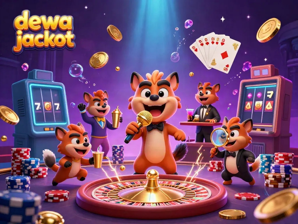 Visualisasi permainan slot online dewa jackpot dengan karakter lucu dan elemen kasino yang menarik.