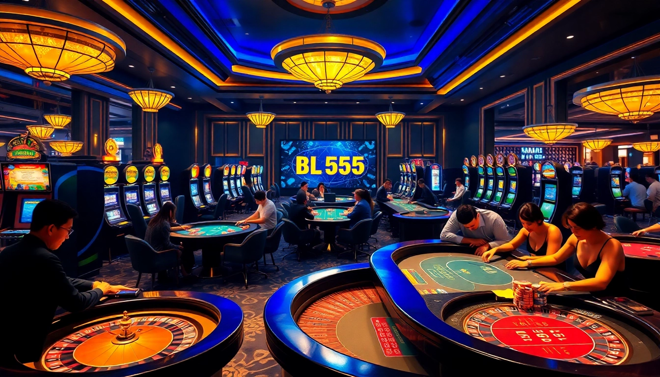 A bustling casino scene featuring players at tables, slot machines, and the vibrant trang chủ bl555 interface.