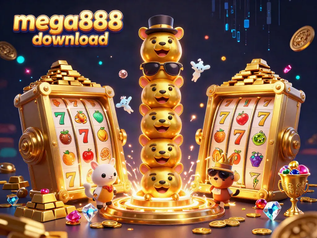 Experience the thrill with mega888 download, showcasing a vibrant casino scene featuring a golden totem and slot games.