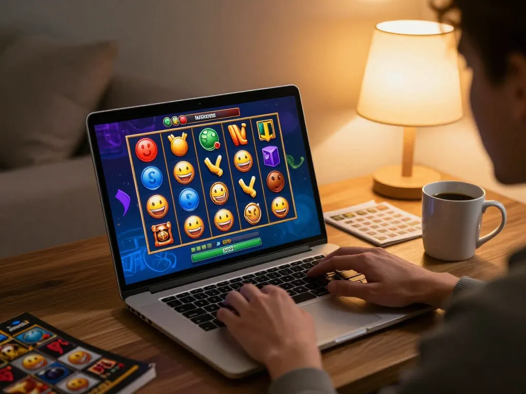Engaging gameplay on slot online interface shown on laptop, cozy home setting with warm lighting.
