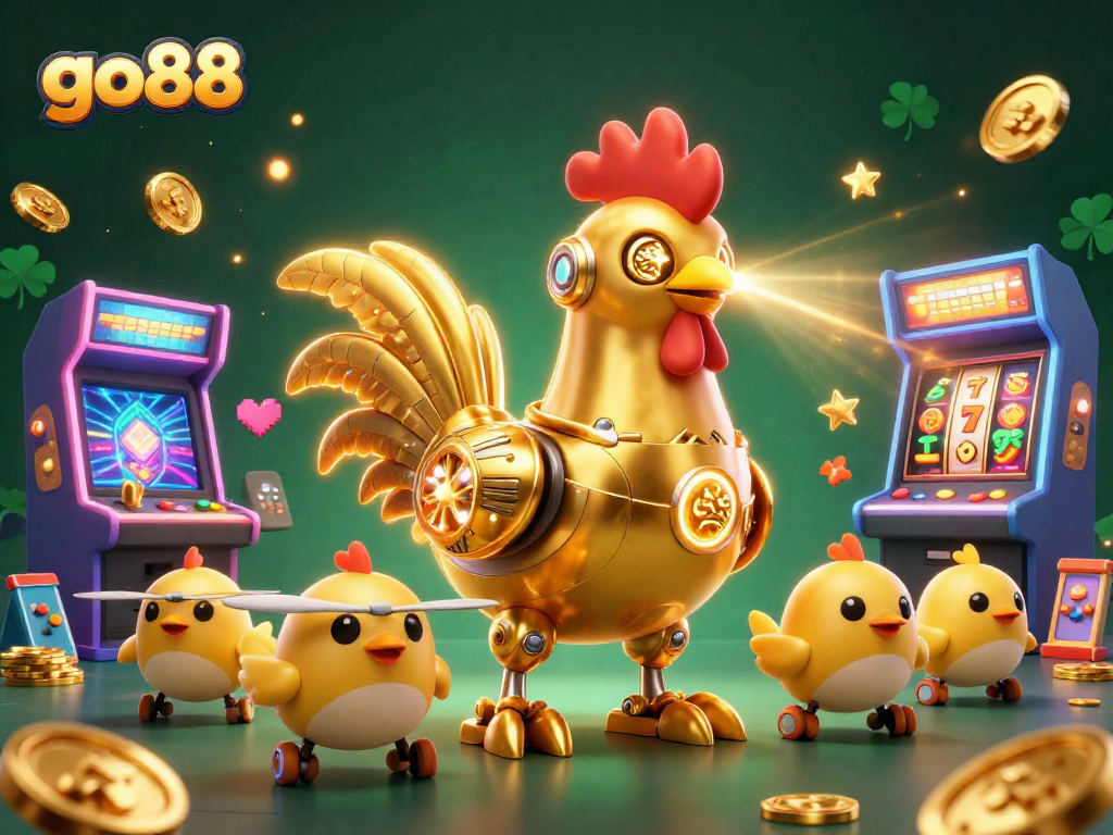 Experience go88 with a vibrant 3D illustration of a futuristic rooster robot amidst casino game elements.