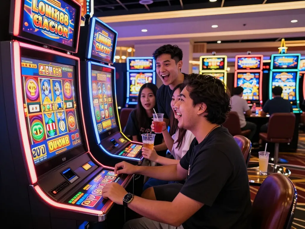 Saat-saat bermain yang mendebarkan dengan mesin slot laoban188 gacor yang memiliki gulungan cerah dan teman-teman yang bersorak, menangkap sensasi permainan kasino modern.